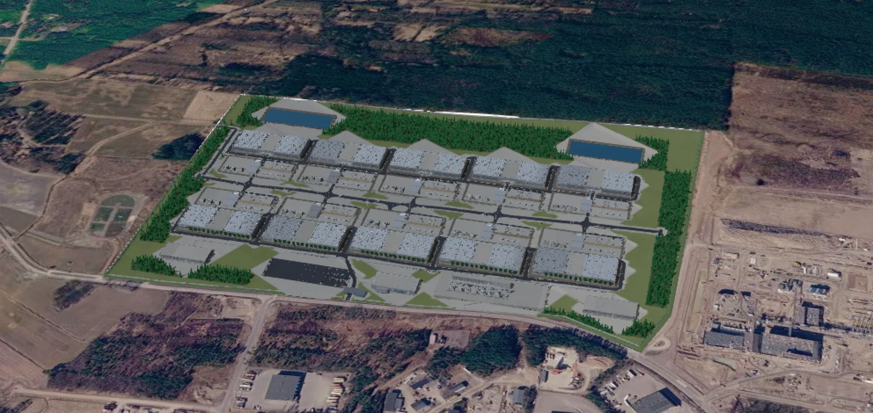 500MW data-center campus concept modelled on its real site, showing the campus against the surrounding roads, forest and industrial land